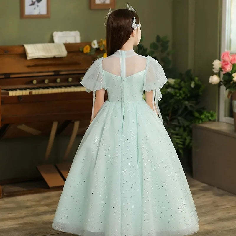 Short Sleeve Floor-Length Ball Gown with Rhinestone and Bow for Flower Girl Parties