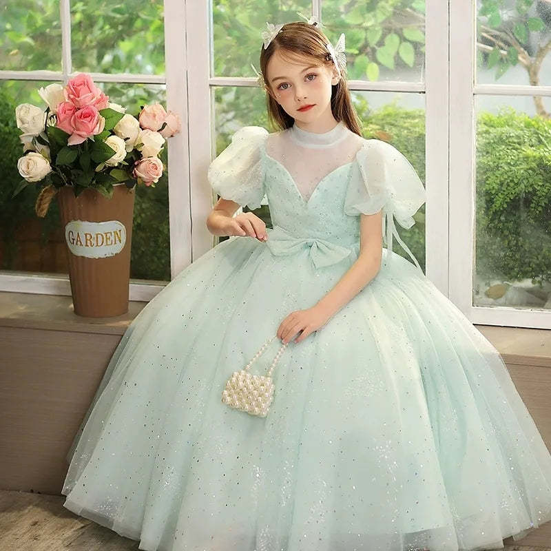 Short Sleeve Floor-Length Ball Gown with Rhinestone and Bow for Flower Girl Parties