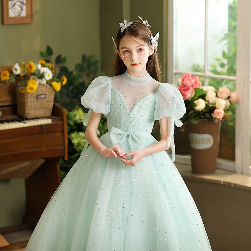 Short Sleeve Floor-Length Ball Gown with Rhinestone and Bow for Flower Girl Parties