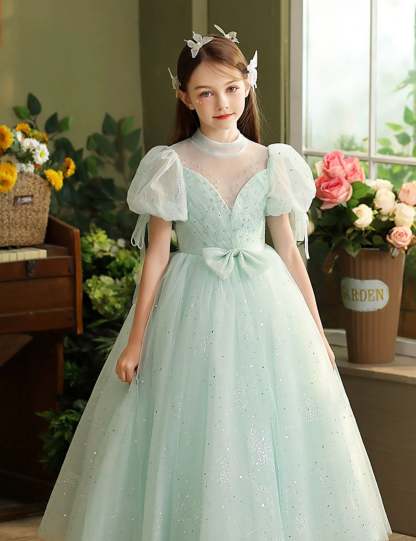 Short Sleeve Floor-Length Ball Gown with Rhinestone and Bow for Flower Girl Parties