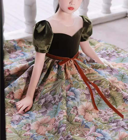 Short Sleeves Ankle-Length Flower Girl Party Dress with Sash and Round Neck