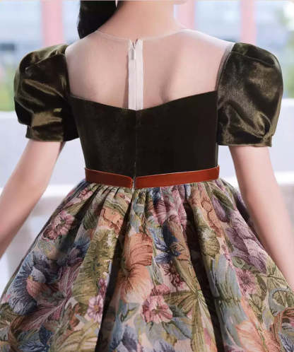 Short Sleeves Ankle-Length Flower Girl Party Dress with Sash and Round Neck