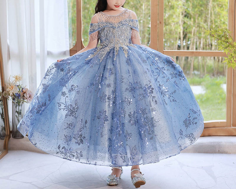 Princess A-Line Off-the-Shoulder Flower Girl Dress with Rhinestone Appliques