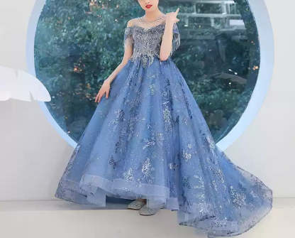 Princess A-Line Party Dress for Girls with Off-the-Shoulder Style Crystal Appliques & Train