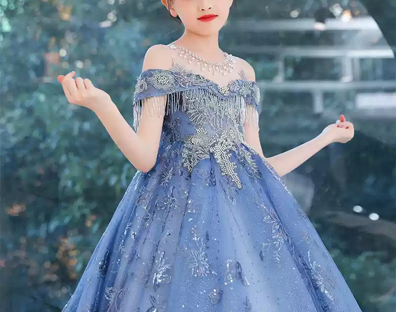 Princess A-Line Party Dress for Girls with Off-the-Shoulder Style Crystal Appliques & Train