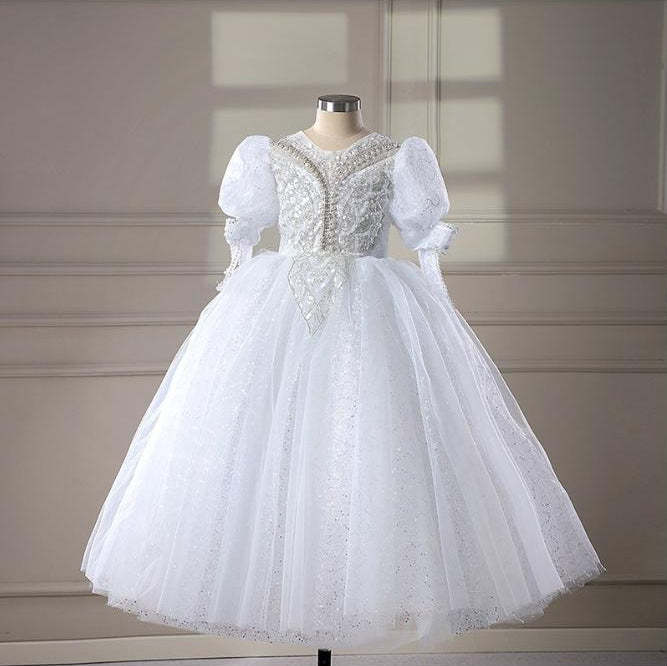 Floor-Length Long-Sleeve Ball Gown with Rhinestone Appliques for Flower Girl Parties