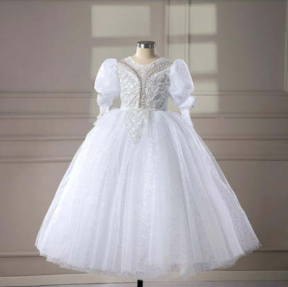 Floor-Length Long-Sleeve Ball Gown with Rhinestone Appliques for Flower Girl Parties