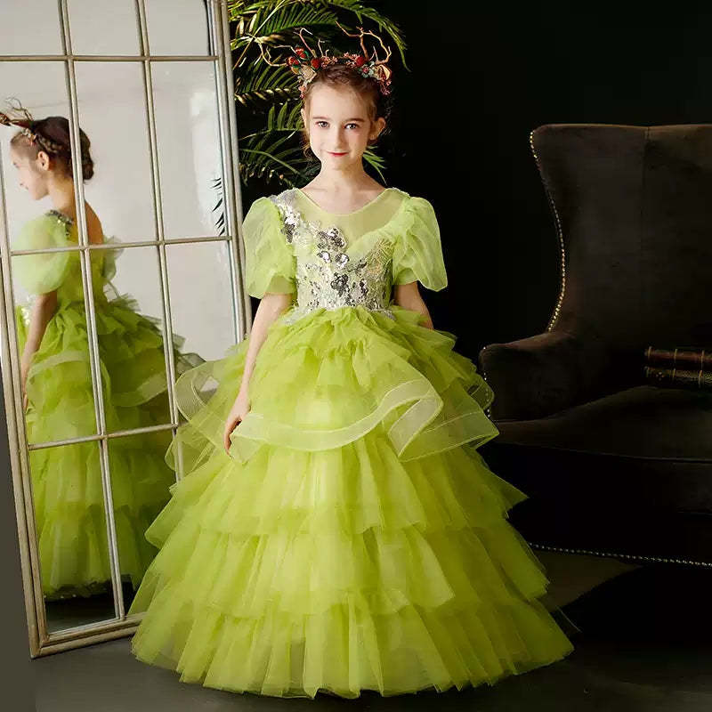 Multi-Layered Girl's Party Ball Gown with Short Sleeves and Appliques