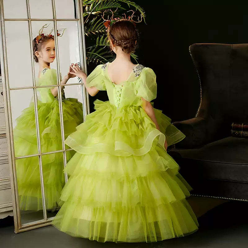 Multi-Layered Girl's Party Ball Gown with Short Sleeves and Appliques