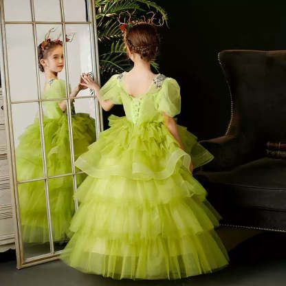 Multi-Layered Girl's Party Ball Gown with Short Sleeves and Appliques
