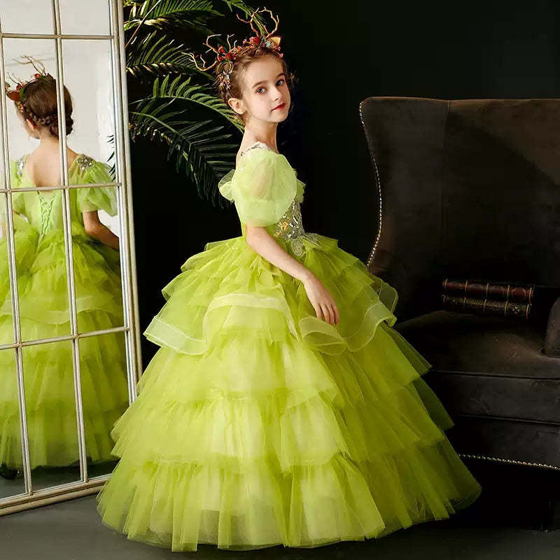 Multi-Layered Girl's Party Ball Gown with Short Sleeves and Appliques