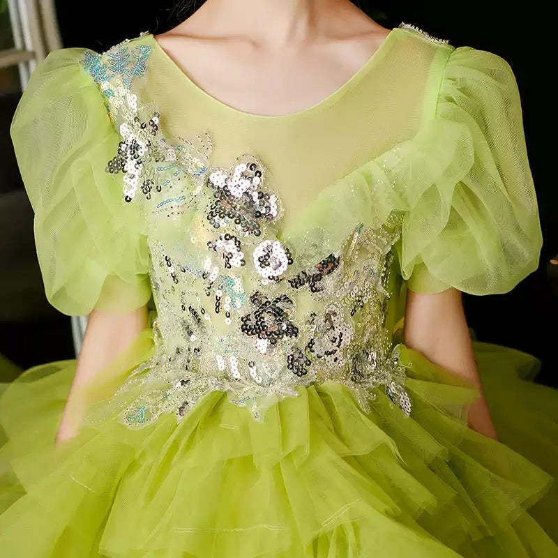 Multi-Layered Girl's Party Ball Gown with Short Sleeves and Appliques