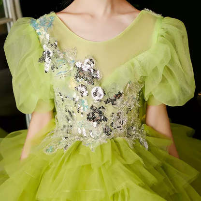 Multi-Layered Girl's Party Ball Gown with Short Sleeves and Appliques