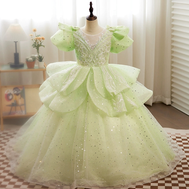Puffy Short-Sleeved Ball Gown with Crystal Appliques for Girls