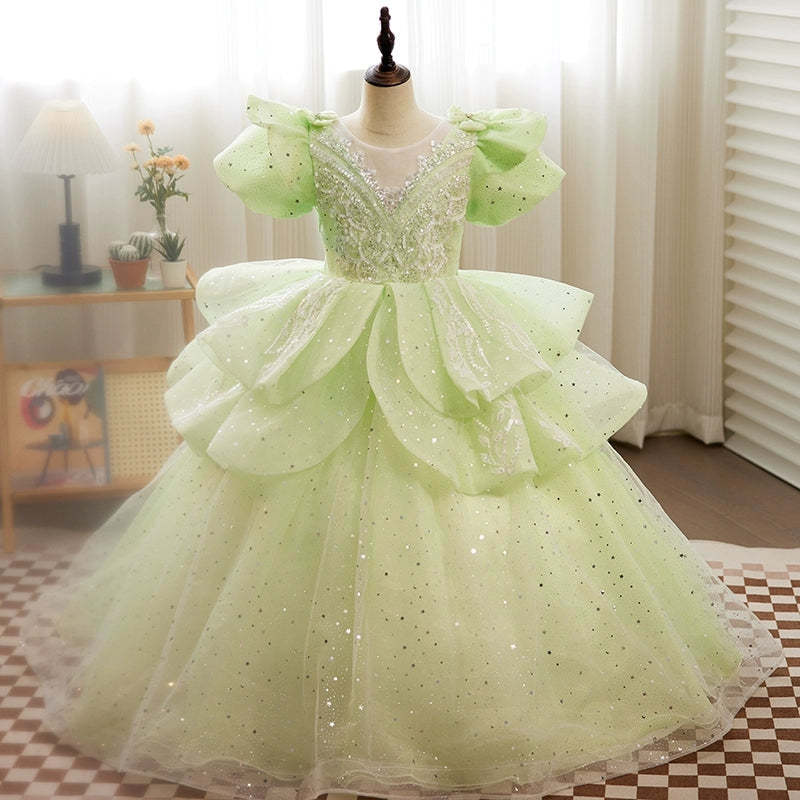 Puffy Short-Sleeved Ball Gown with Crystal Appliques for Girls