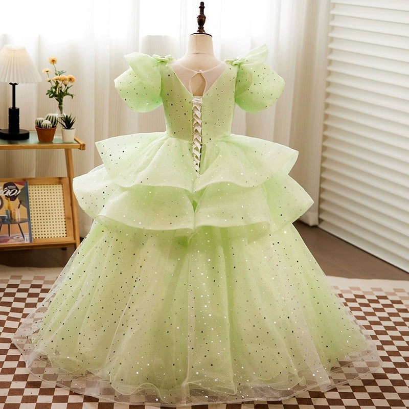 Puffy Short-Sleeved Ball Gown with Crystal Appliques for Girls
