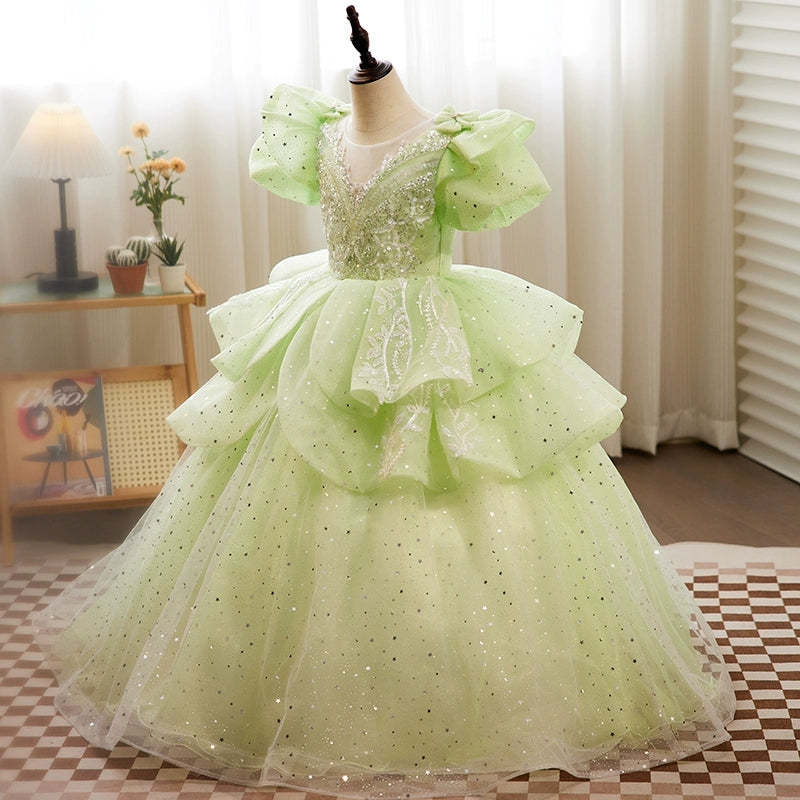 Puffy Short-Sleeved Ball Gown with Crystal Appliques for Girls