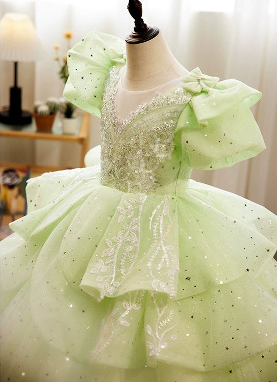 Puffy Short-Sleeved Ball Gown with Crystal Appliques for Girls