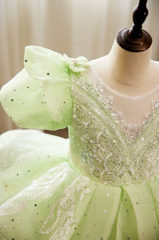 Puffy Short-Sleeved Ball Gown with Crystal Appliques for Girls