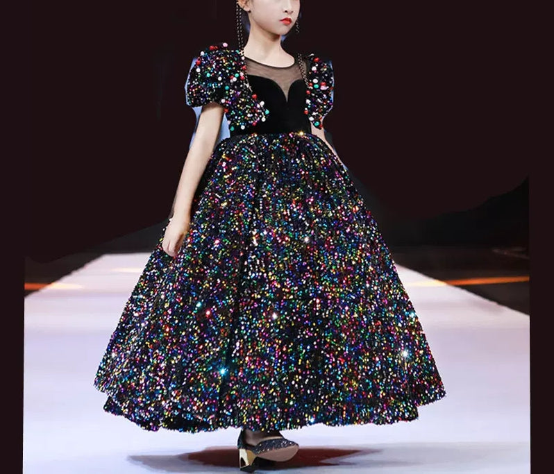 Ankle-Length Flower Girl Party Dress with Sequins and Round Neck Short Sleeves