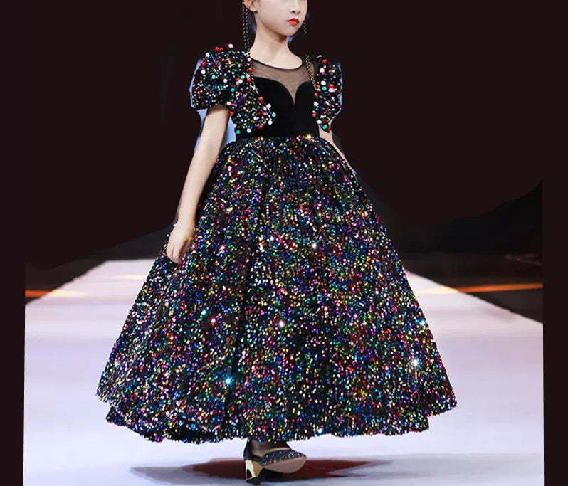 Ankle-Length Flower Girl Party Dress with Sequins and Round Neck Short Sleeves