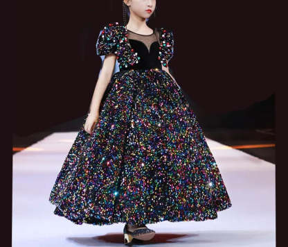 Ankle-Length Flower Girl Party Dress with Sequins and Round Neck Short Sleeves