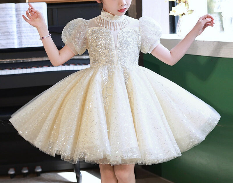 Knee-Length Princess Flower Girl Party Dress with Short Sleeves and Crystal Appliques