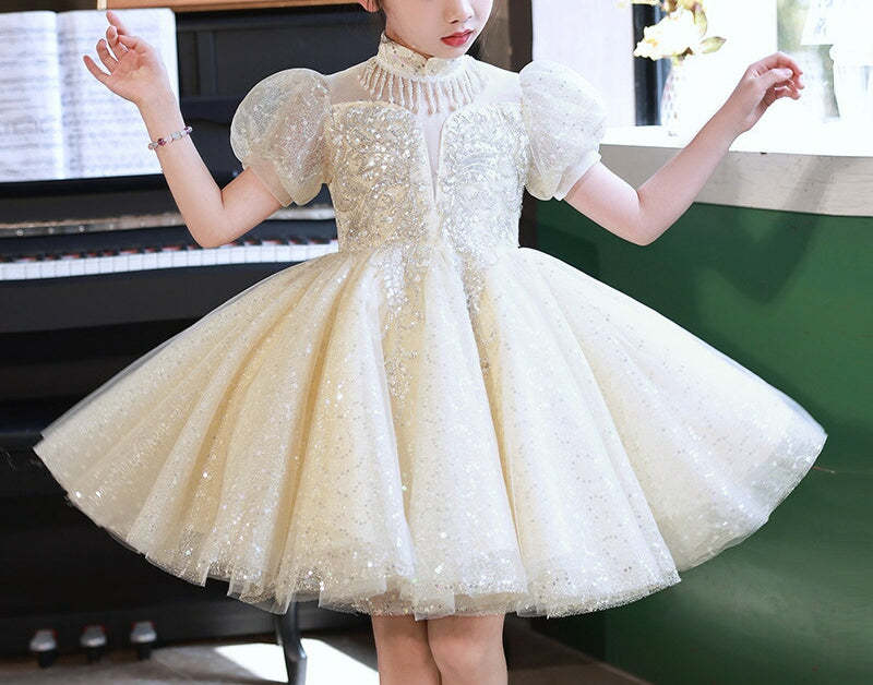 Knee-Length Princess Flower Girl Party Dress with Short Sleeves and Crystal Appliques