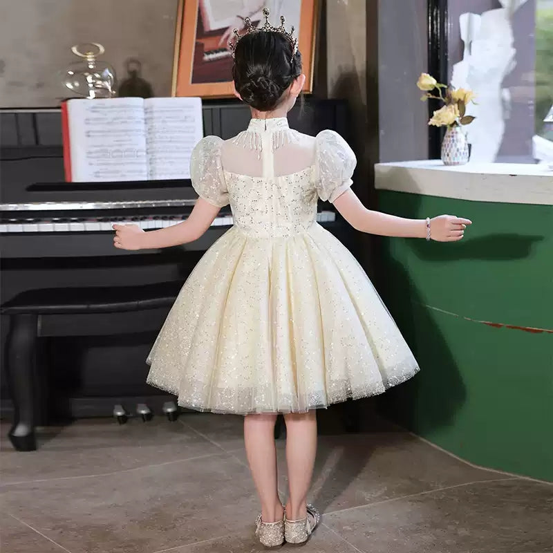 Knee-Length Princess Flower Girl Party Dress with Short Sleeves and Crystal Appliques