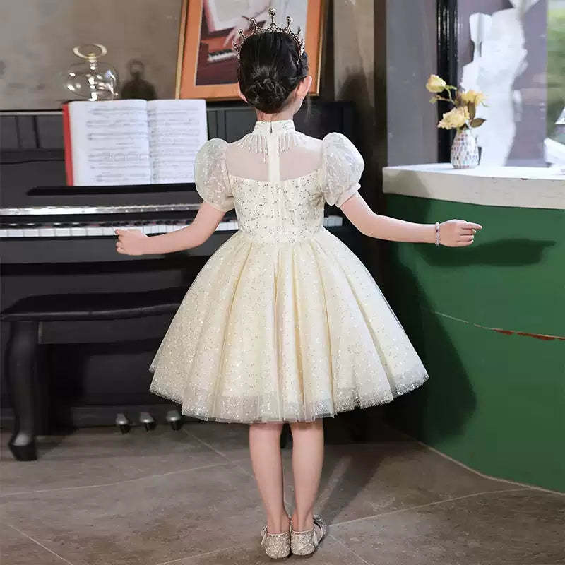 Knee-Length Princess Flower Girl Party Dress with Short Sleeves and Crystal Appliques