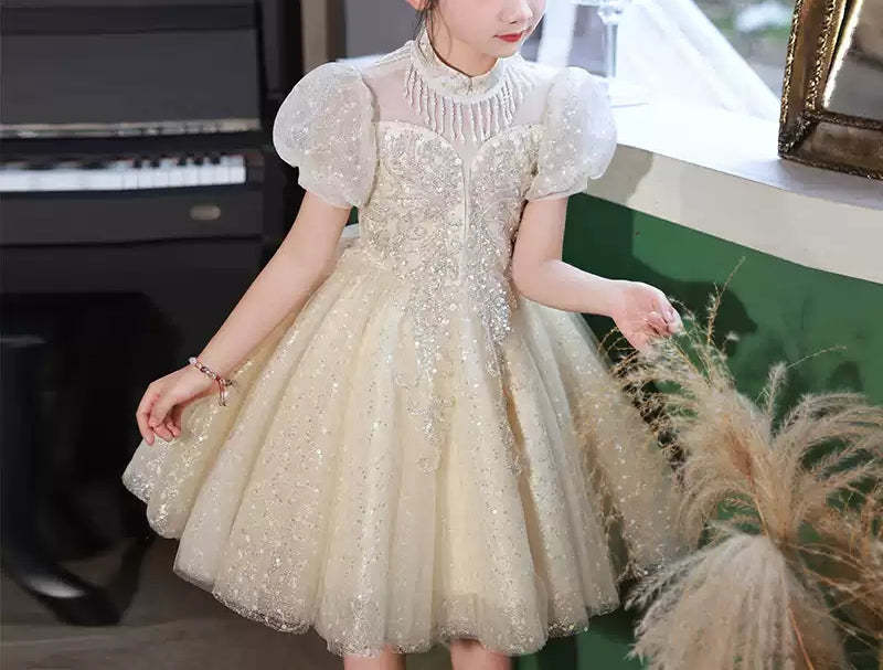 Knee-Length Princess Flower Girl Party Dress with Short Sleeves and Crystal Appliques