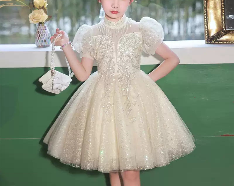 Knee-Length Princess Flower Girl Party Dress with Short Sleeves and Crystal Appliques