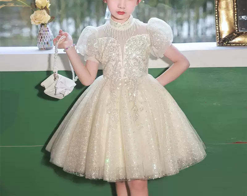 Knee-Length Princess Flower Girl Party Dress with Short Sleeves and Crystal Appliques