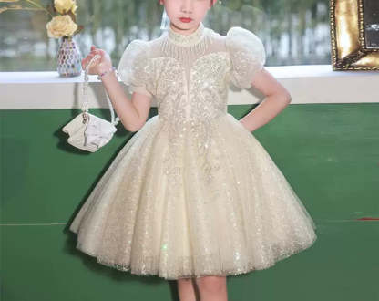 Knee-Length Princess Flower Girl Party Dress with Short Sleeves and Crystal Appliques