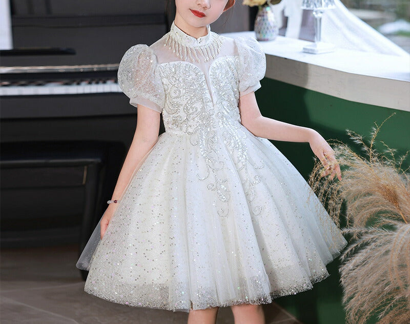 Knee-Length Princess Flower Girl Party Dress with Short Sleeves and Crystal Appliques