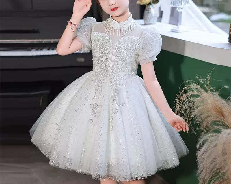 Knee-Length Princess Flower Girl Party Dress with Short Sleeves and Crystal Appliques