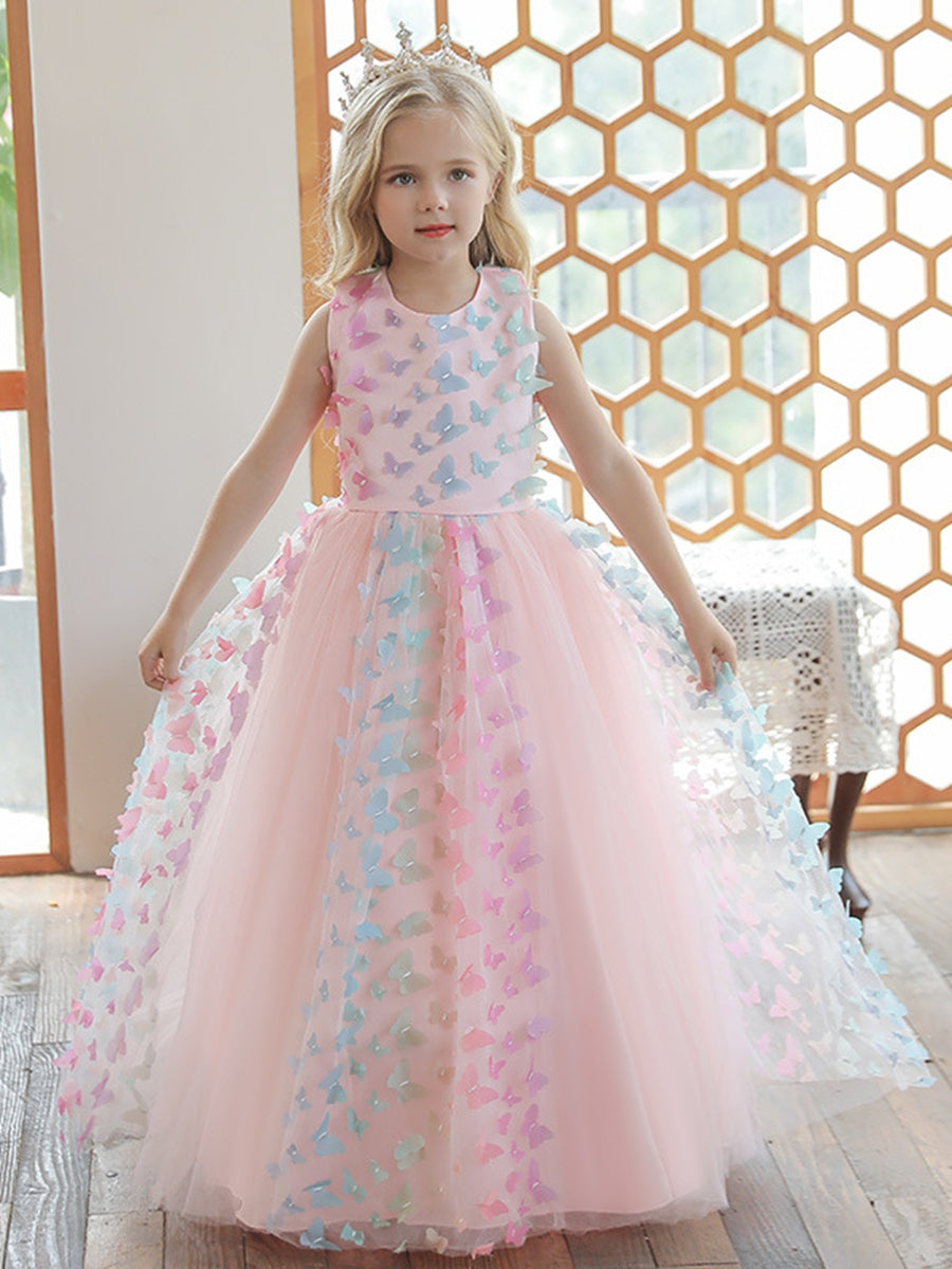 Sleeveless Scoop Neck Floor-Length Ball Gown with 3D Butterfly for Flower Girls