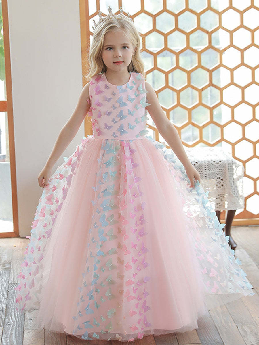 Sleeveless Scoop Neck Floor-Length Ball Gown with 3D Butterfly for Flower Girls