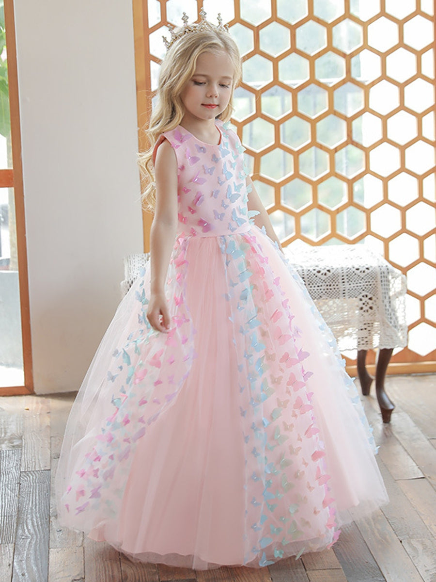 Sleeveless Scoop Neck Floor-Length Ball Gown with 3D Butterfly for Flower Girls