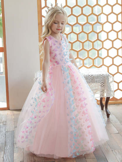 Sleeveless Scoop Neck Floor-Length Ball Gown with 3D Butterfly for Flower Girls