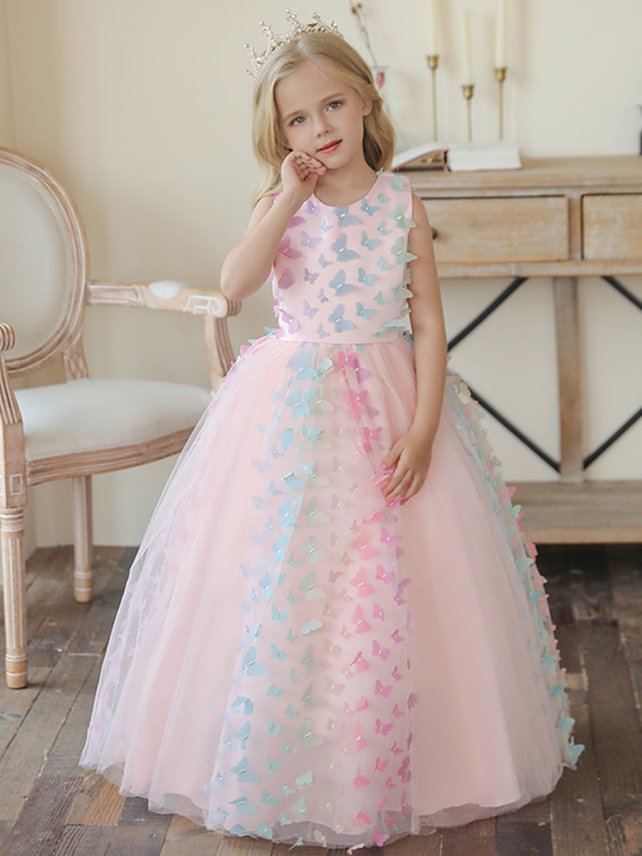 Sleeveless Scoop Neck Floor-Length Ball Gown with 3D Butterfly for Flower Girls