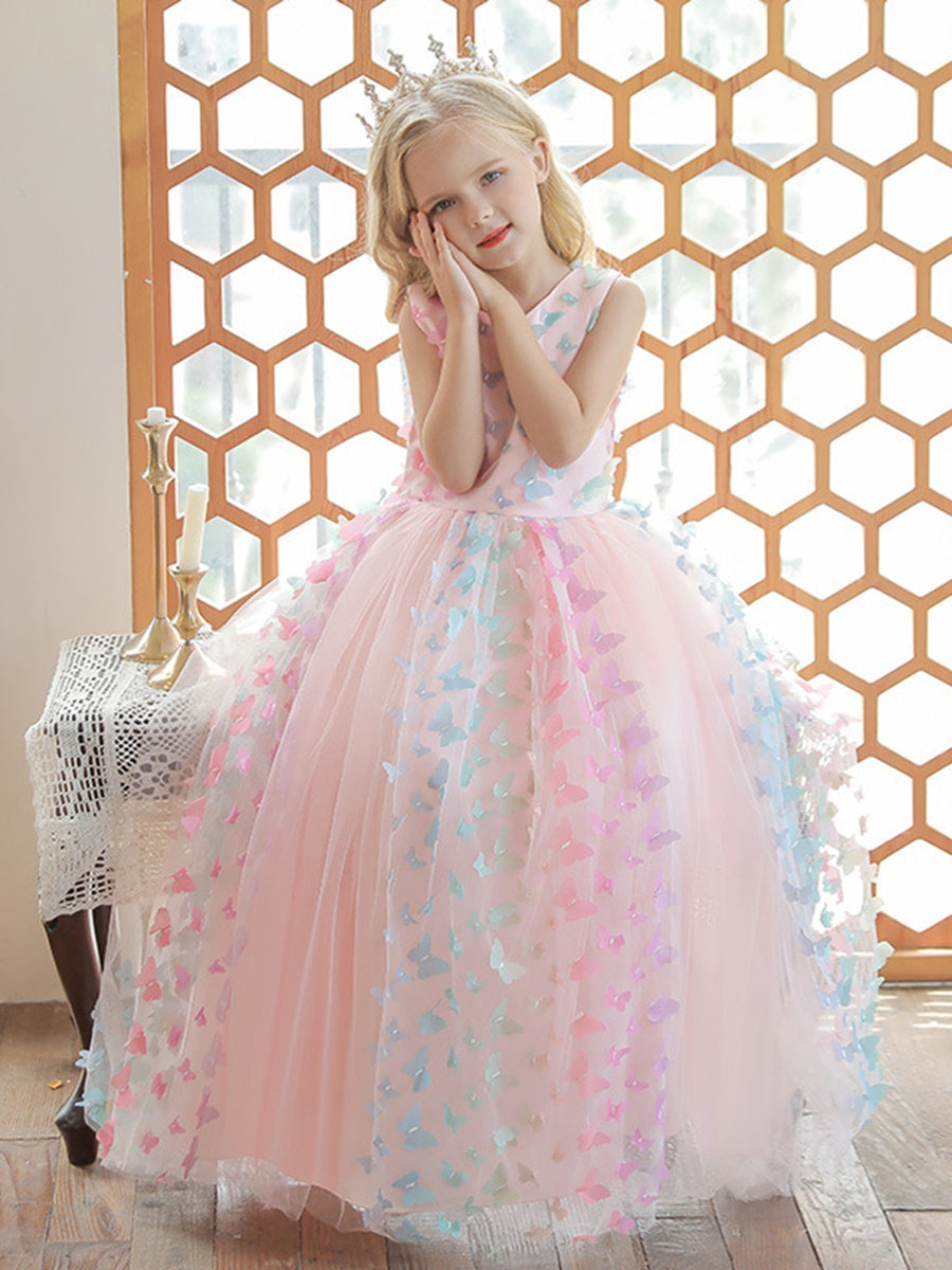 Sleeveless Scoop Neck Floor-Length Ball Gown with 3D Butterfly for Flower Girls