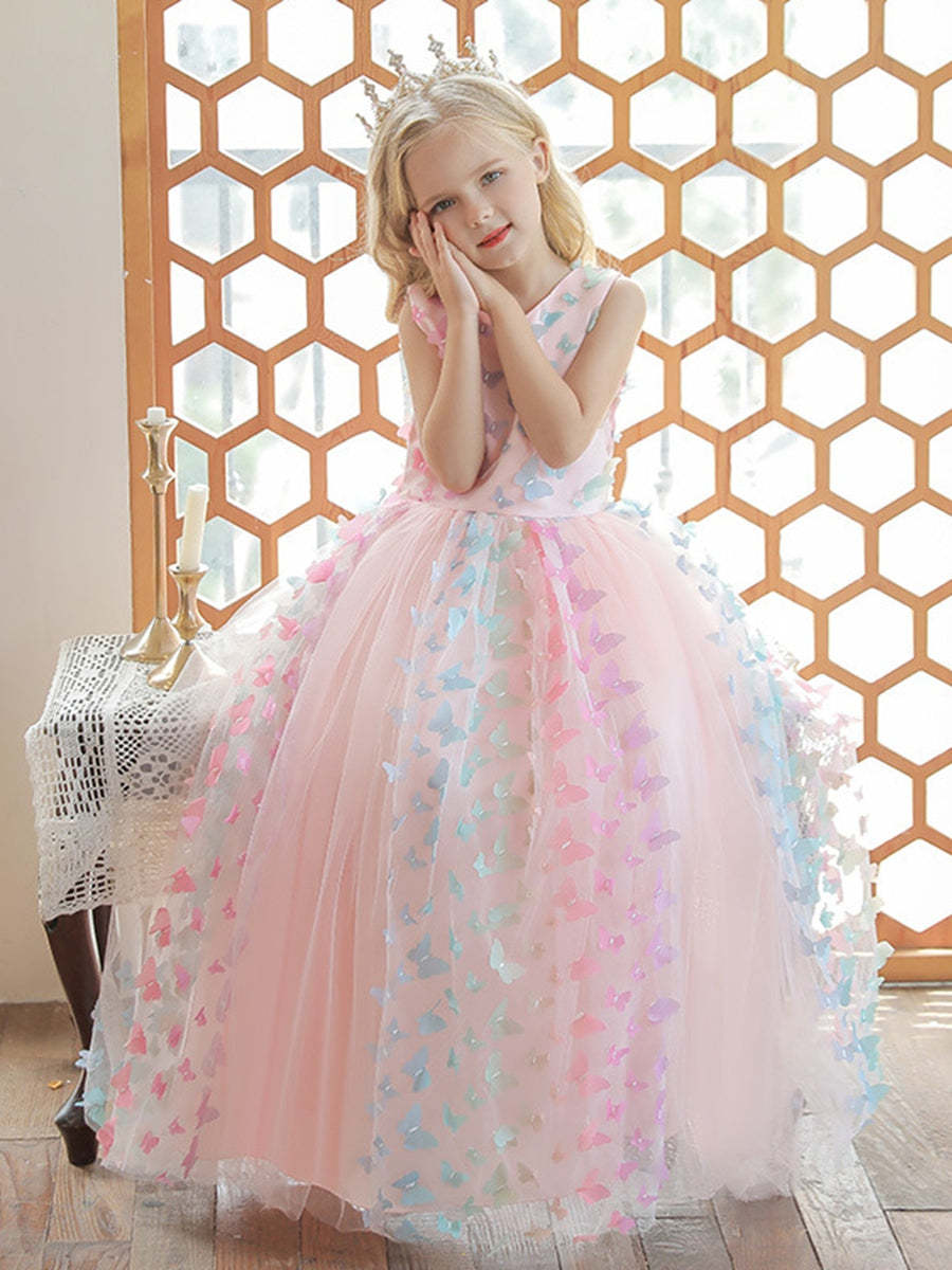 Sleeveless Scoop Neck Floor-Length Ball Gown with 3D Butterfly for Flower Girls