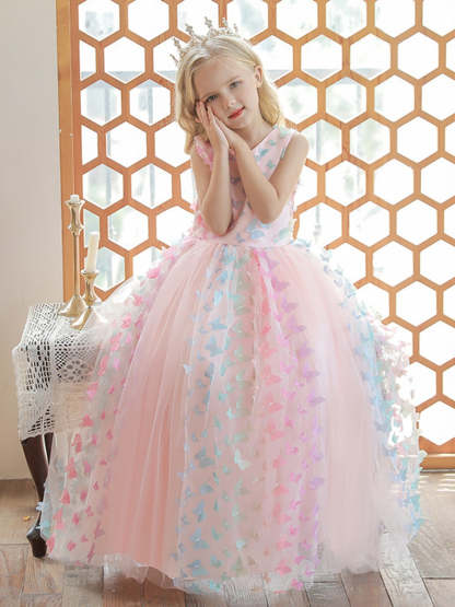 Sleeveless Scoop Neck Floor-Length Ball Gown with 3D Butterfly for Flower Girls