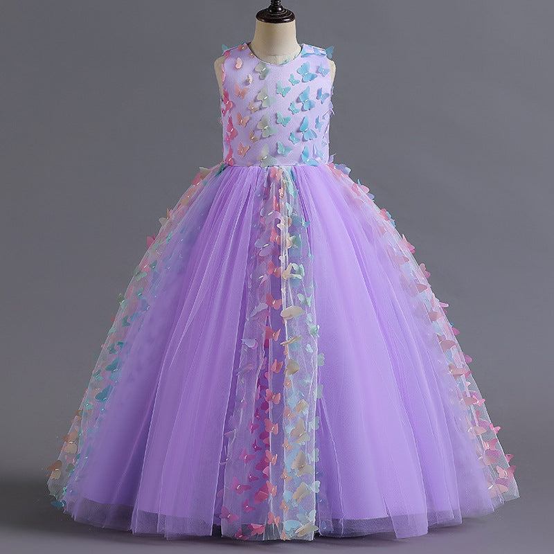 Sleeveless Scoop Neck Floor-Length Ball Gown with 3D Butterfly for Flower Girls