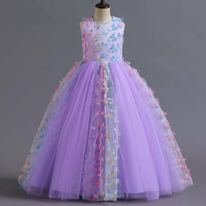 Sleeveless Scoop Neck Floor-Length Ball Gown with 3D Butterfly for Flower Girls