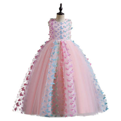 Sleeveless Scoop Neck Floor-Length Ball Gown with 3D Butterfly for Flower Girls