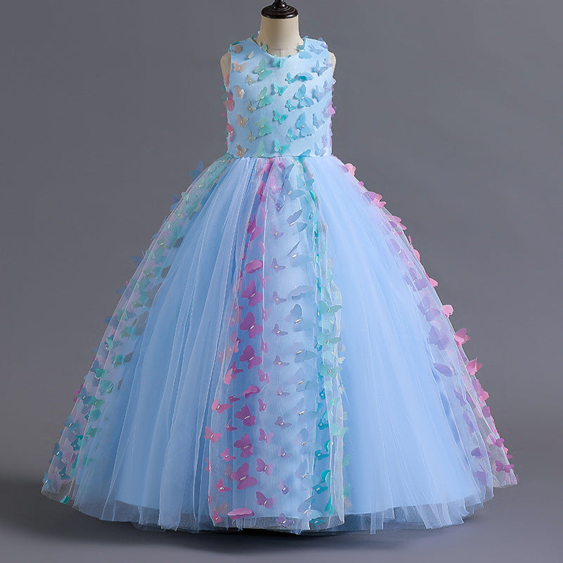 Sleeveless Scoop Neck Floor-Length Ball Gown with 3D Butterfly for Flower Girls