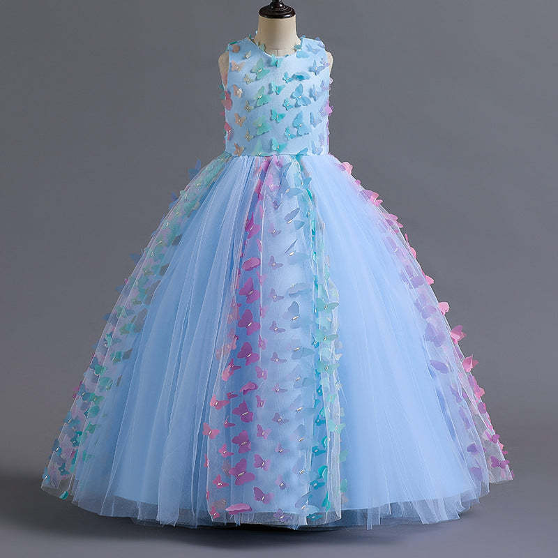 Sleeveless Scoop Neck Floor-Length Ball Gown with 3D Butterfly for Flower Girls