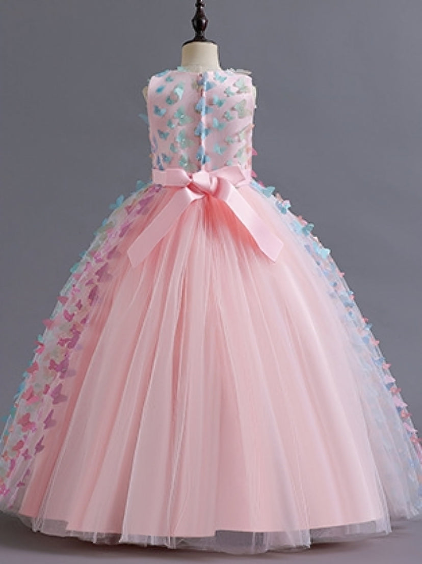 Sleeveless Scoop Neck Floor-Length Ball Gown with 3D Butterfly for Flower Girls